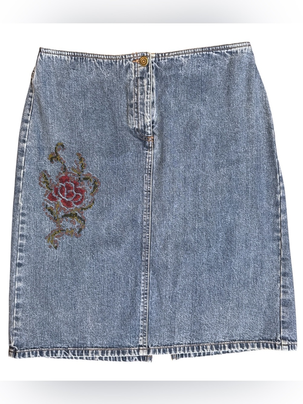 Ann Taylor Loft Denim Mini Skirt Vintage Size 10 Blue w/ Embroidered  Red Rose